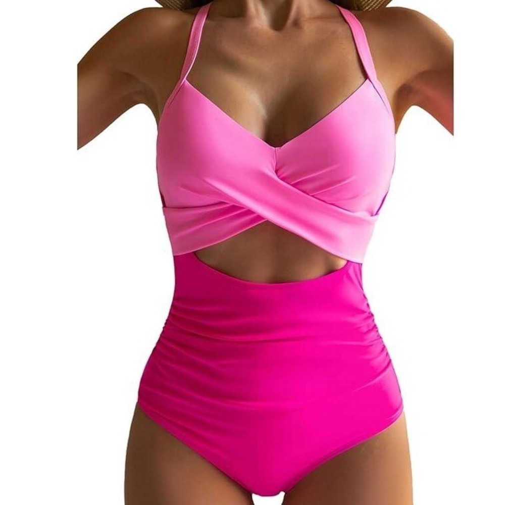 EOMENIE Criss Cross One Piece Swimsuit Cutout Ruched Tummy Control S